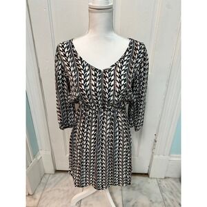 Talisman Geometric Print V Neck 3/4 Sleeve Elastic Waist Dress M